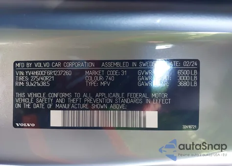 2024 Volvo Xc90 Recharge Plug-In Hybrid T8 Ultimate Bright Theme 7-Seater from USA, damaged, VIN YV4H60CF6R1237260